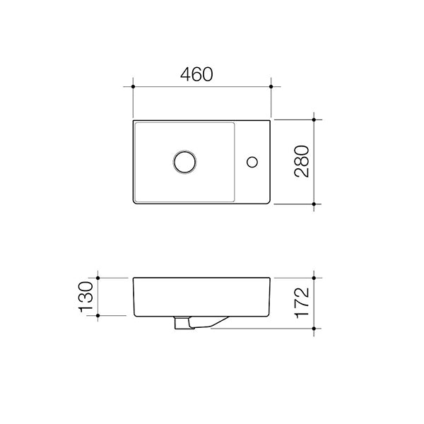 Caroma Urbane II wall hung hand basin technical drawing, rectangular gloss white ceramic, 460 x 280 mm, single taphole
