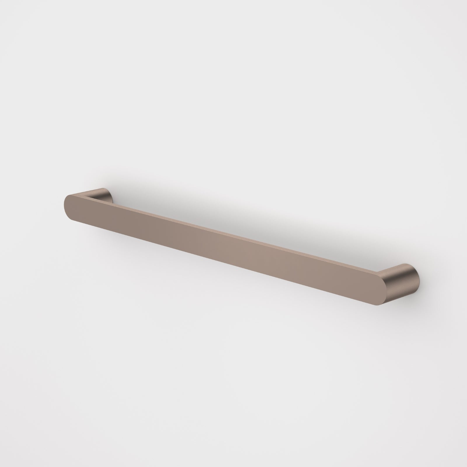 Caroma Urbane II horizontal heated towel rail in brushed bronze, single round bar on white background