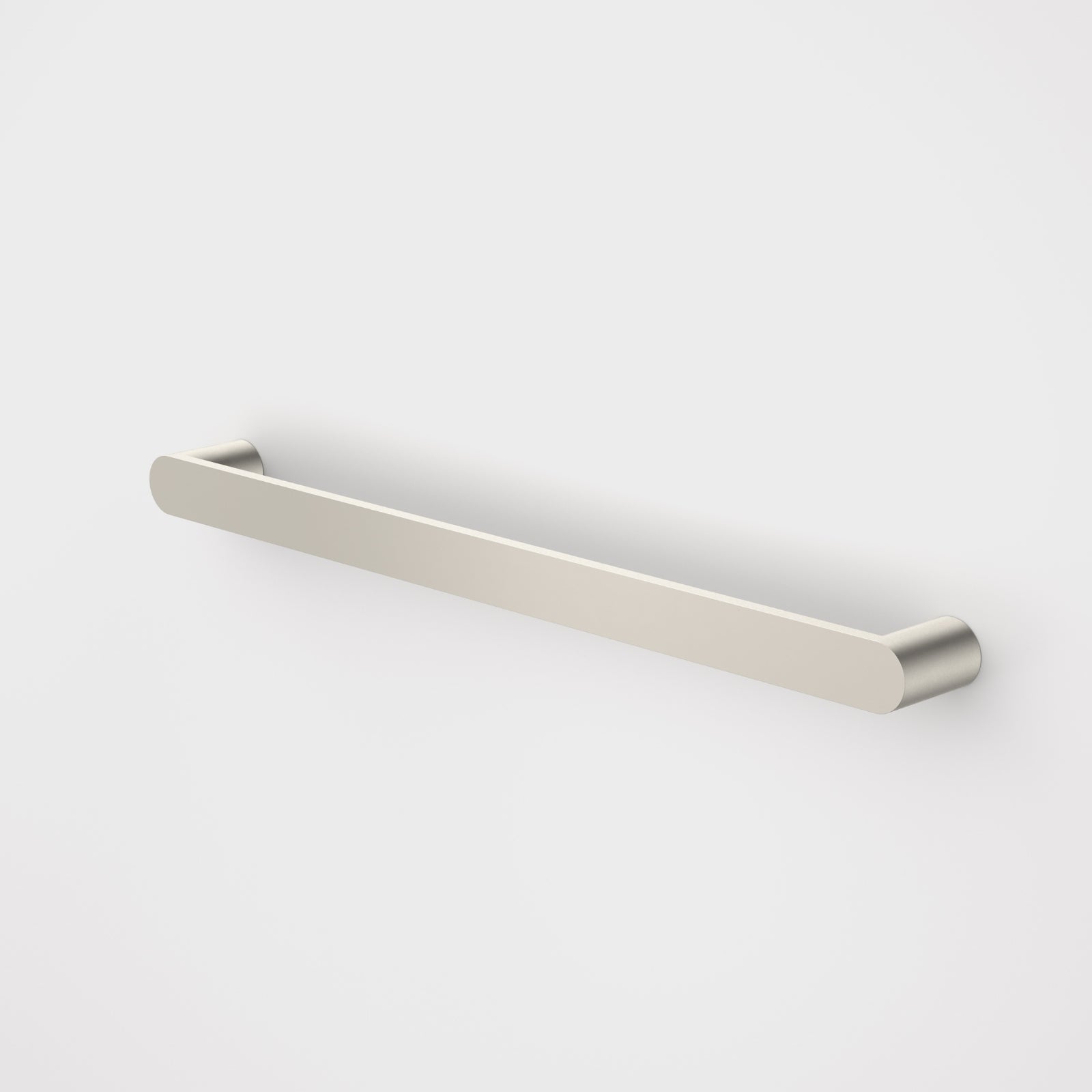 Caroma Urbane II horizontal heated towel rail in brushed nickel, single-bar round design on a white background