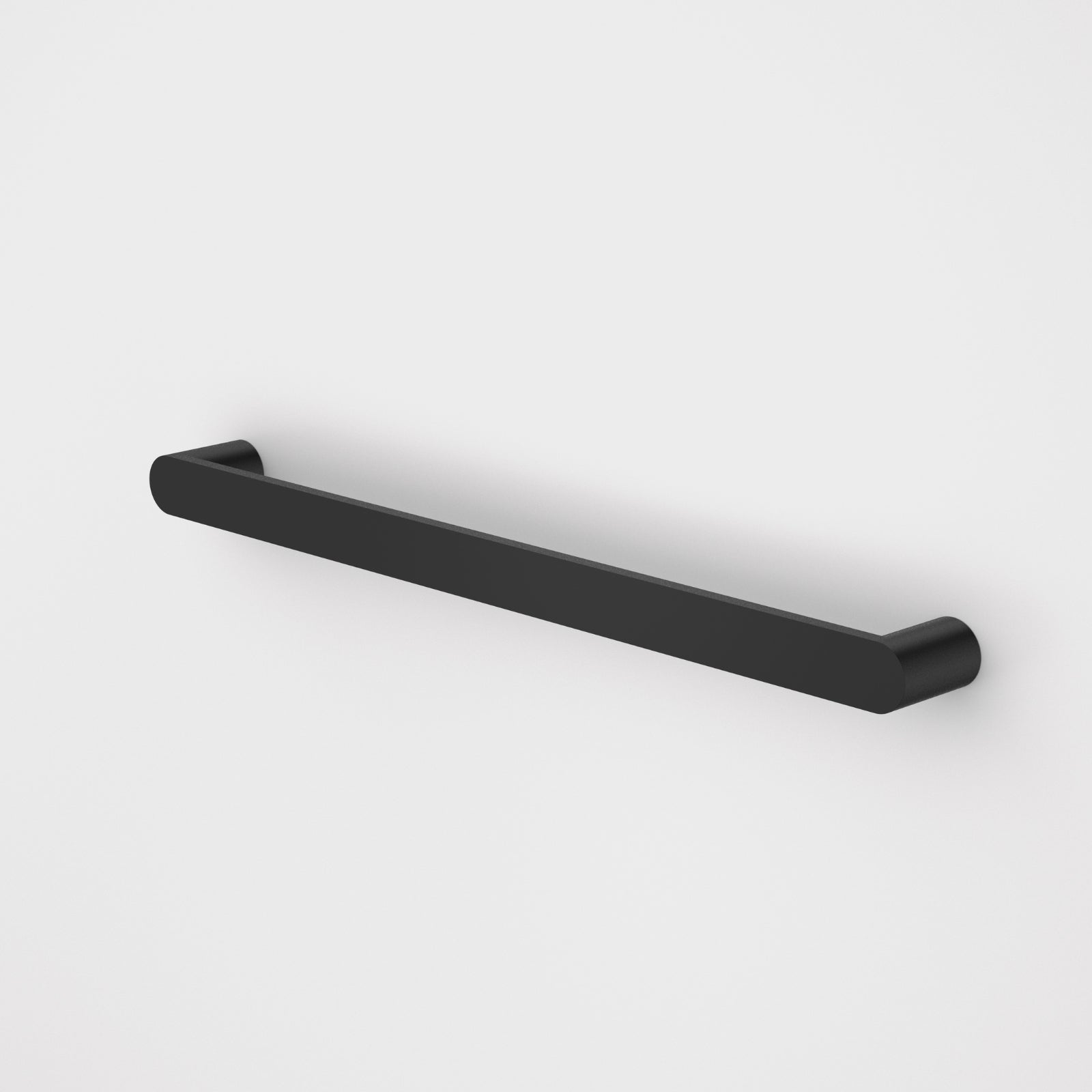 Caroma Urbane II horizontal heated towel rail in matte black, single bar with rounded ends, on white background