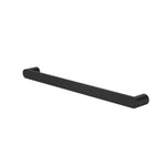 Caroma Urbane II horizontal heated towel rail in matte black, single-bar round bar, angled product view