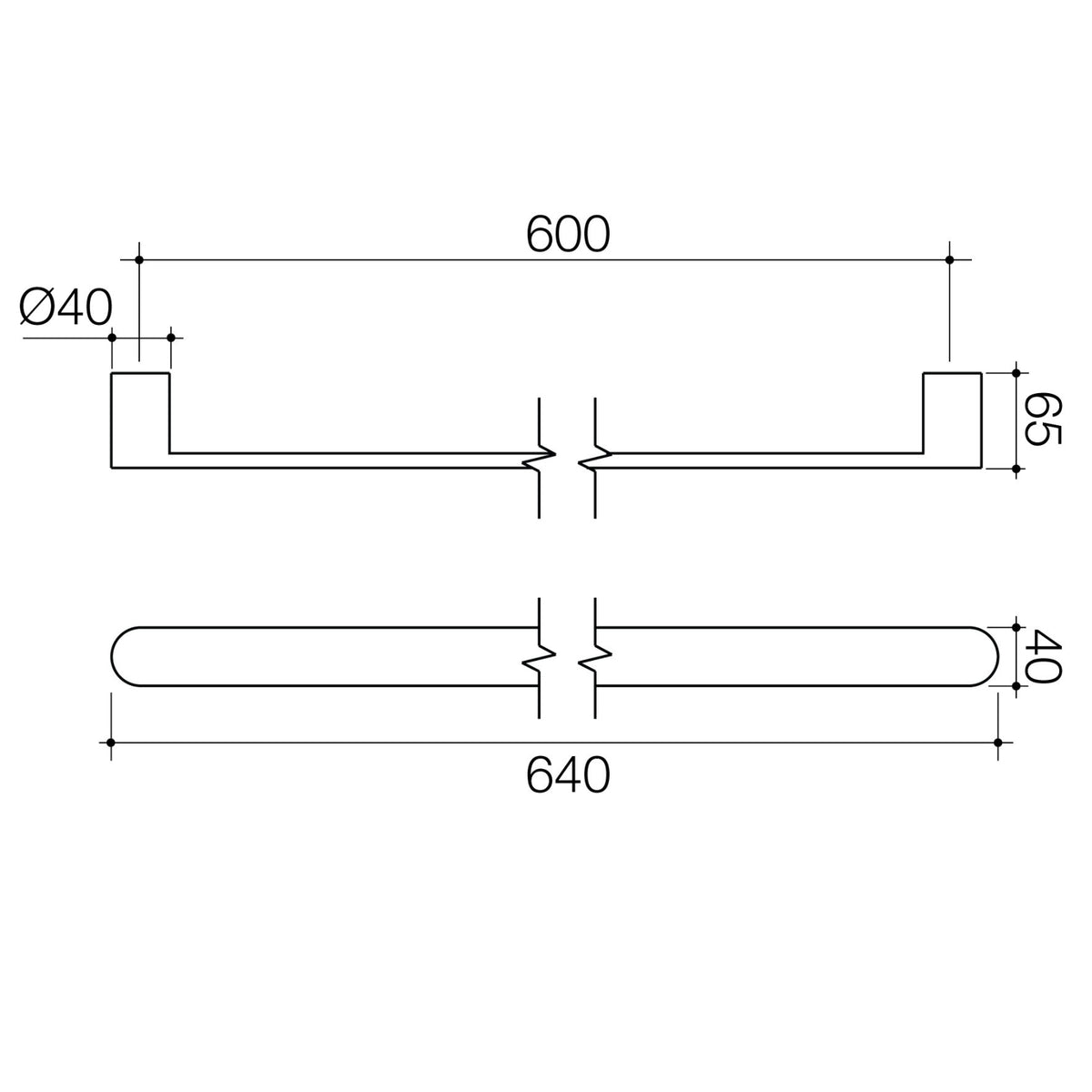 Caroma Urbane II heated towel rail horizontal technical drawing in matte black, showing 640mm length and 40mm diameter