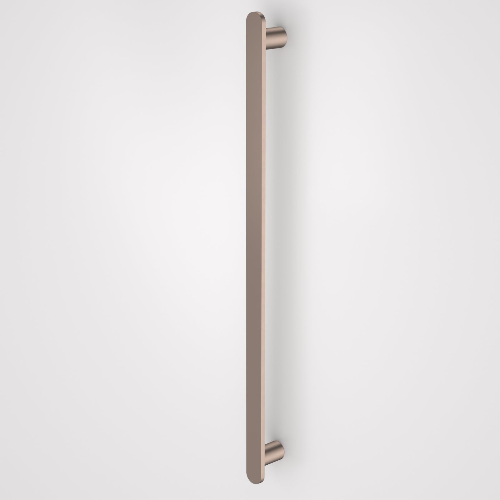 Caroma Urbane II vertical heated towel rail in brushed bronze, single round bar on white background