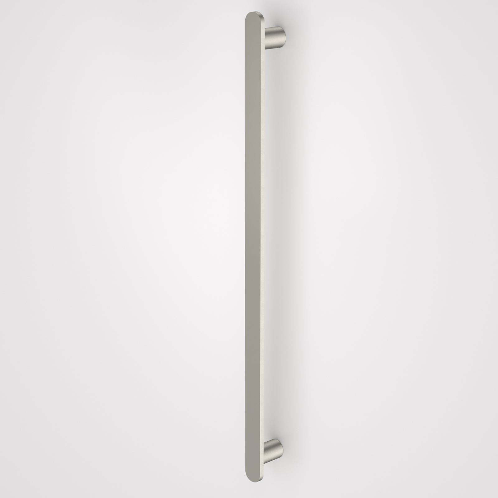 Caroma Urbane II vertical heated towel rail in brushed nickel, single bar, front view on white background