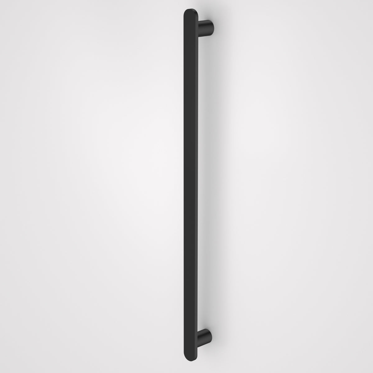 Caroma Urbane II vertical heated towel rail in matte black, shown front on against a plain white background