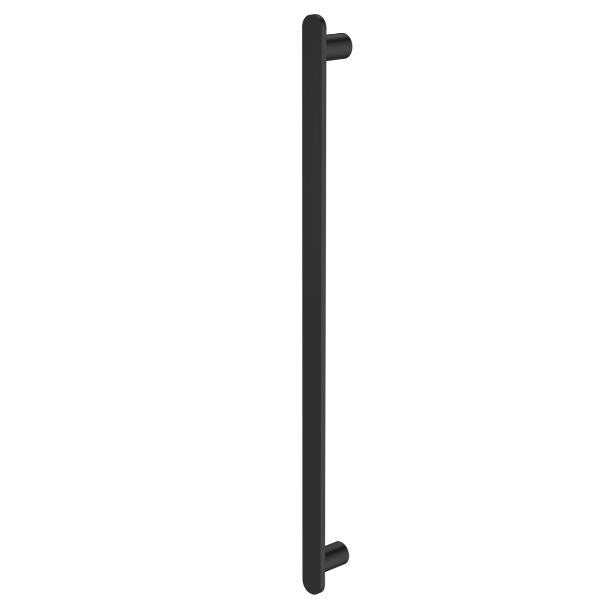 Caroma Urbane II vertical heated towel rail in matte black, single round bar on a white background