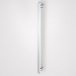 Caroma Urbane II vertical heated towel rail in polished stainless steel, single round bar, front view on white background