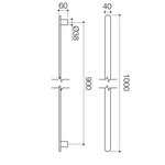 Caroma Urbane II vertical heated towel rail technical drawing, polished stainless steel, 1000mm x 40mm, side and front views