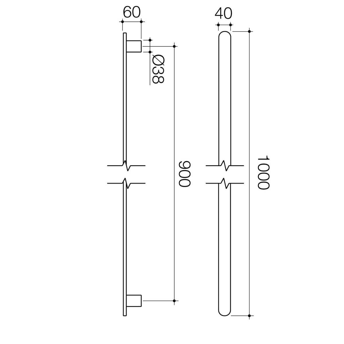 Caroma Urbane II vertical heated towel rail technical drawing, polished stainless steel, 1000mm x 40mm, side and front views