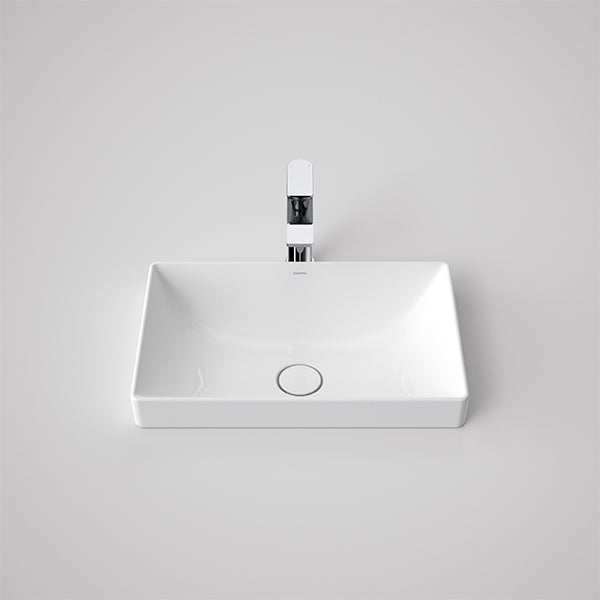 Caroma Urbane II white rectangular inset basin with no tap landing and central pop-up waste, front view