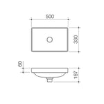 Caroma Urbane II inset basin technical drawing, white rectangular 500mm x 330mm, no tap landing and centre waste