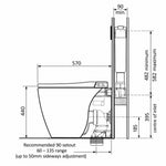 Technical drawing of Caroma Urbane II wall faced bidet suite in white, side view with dimensions and concealed cistern layout.