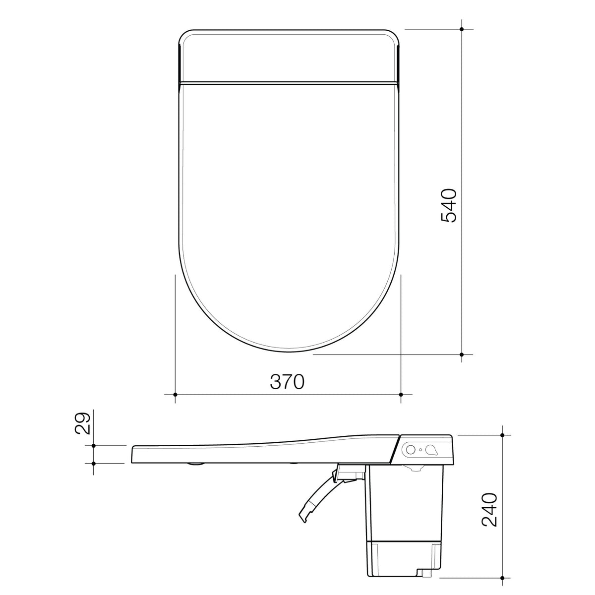 Caroma Urbane II wall faced bidet suite technical drawing, top and side views with dimensions, white rimless pan and bidet seat