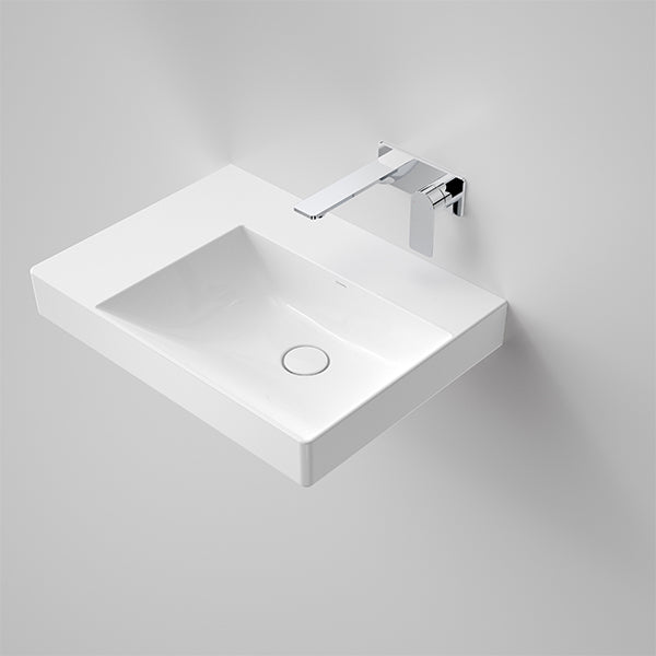 Caroma Urbane II left hand shelf wall basin in gloss white, rectangular wall-hung sink with chrome tap on grey background
