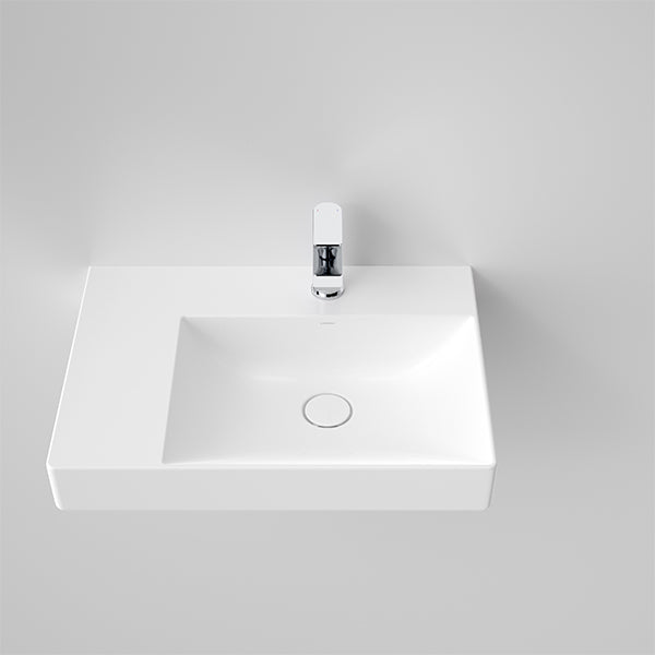 Caroma Urbane II left hand shelf wall basin in gloss white, rectangular wall-hung basin with single tap hole, top view