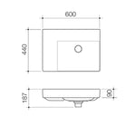 Caroma Urbane II left hand shelf wall basin technical drawing, rectangular gloss white ceramic, 600 x 440 mm, with dimensions shown