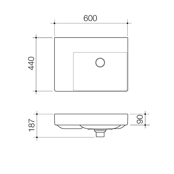 Caroma Urbane II left hand shelf wall basin technical drawing, rectangular gloss white ceramic, 600 x 440 mm, with dimensions shown