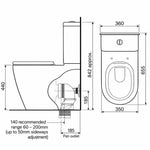 Caroma Urbane II Luxe wall faced toilet technical drawing, side and front views with dimensions and bottom inlet detail