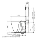 Caroma wall-faced in-wall toilet suite technical drawing, side view, with 570mm depth and 90mm min cavity dimensions