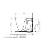 Technical drawing of Caroma wall faced toilet pan and in-wall cistern setup, with 570mm projection and 440mm seat height measurements