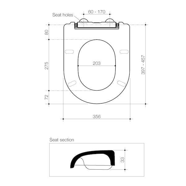 Technical drawing of Caroma toilet seat showing top view and seat section with dimensions, white on plain background