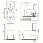 Caroma Urbane II Luxe toilet technical drawing, showing front, side and plan views with dimensions and connector setout.