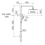 Caroma Urbane II rail shower technical drawing, brushed brass twin shower with 300mm overhead and top water inlet