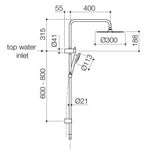 Caroma Urbane II rail shower technical drawing in brushed nickel with 300mm overhead and top water inlet dimensions