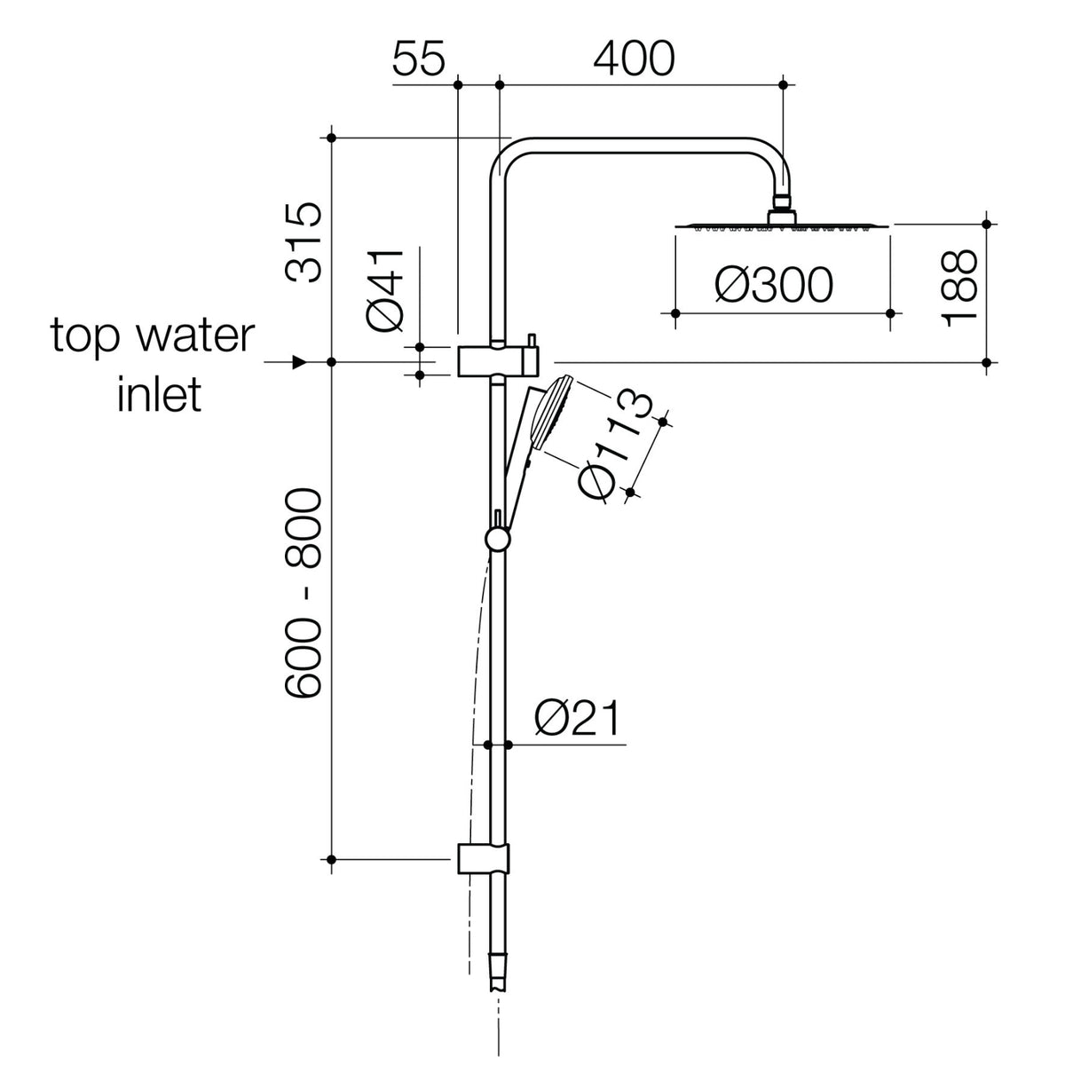 Caroma Urbane II rail shower technical drawing in brushed nickel with 300mm overhead and top water inlet dimensions