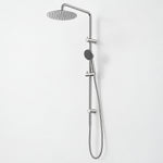Caroma Urbane II chrome twin rail shower with round overhead rose and handset on wall-mounted rail