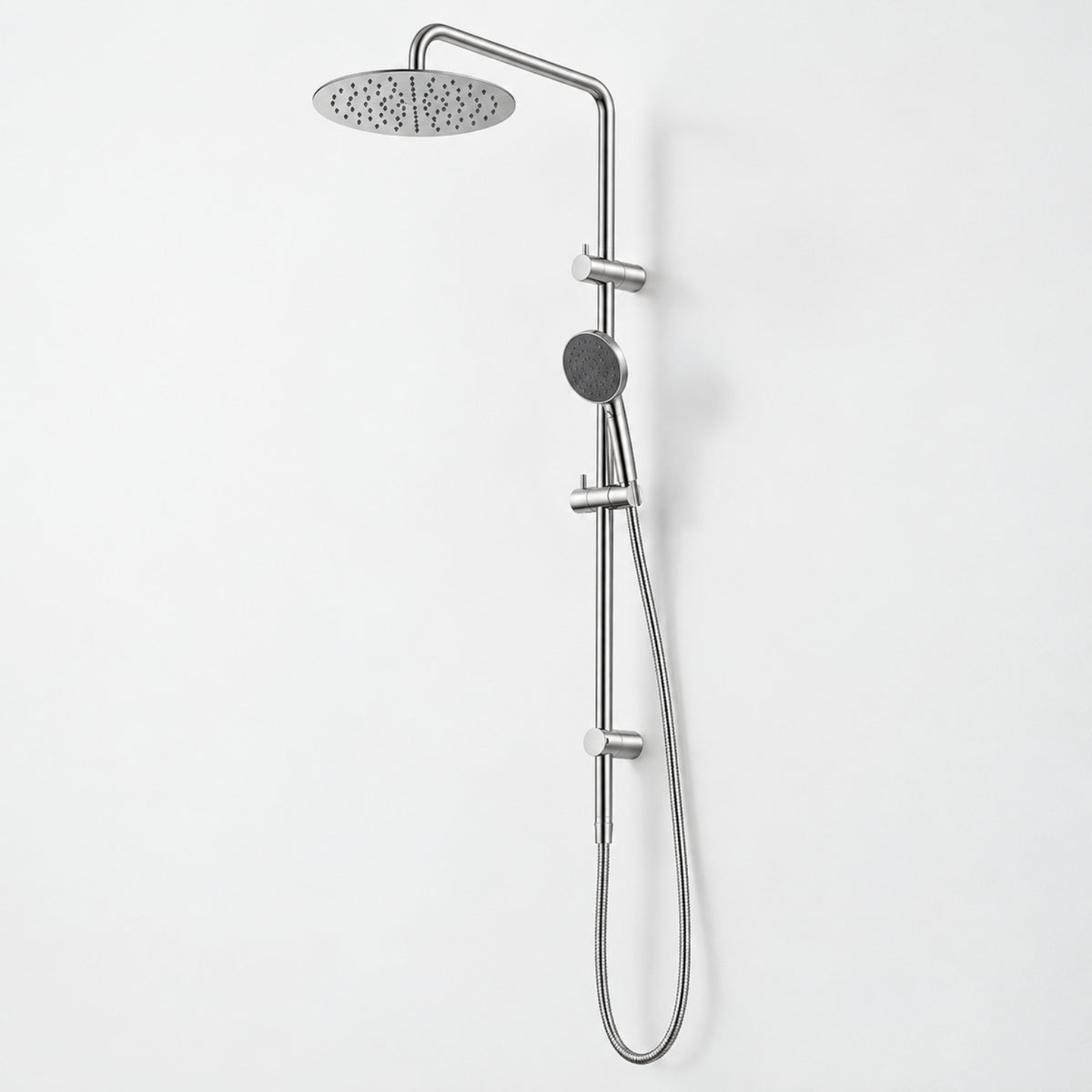 Caroma Urbane II chrome twin rail shower with round overhead rose and handset on wall-mounted rail