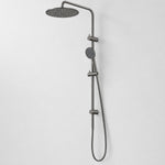 Caroma Urbane II twin rail shower in gunmetal, with round overhead shower, hand shower and wall-mounted rail