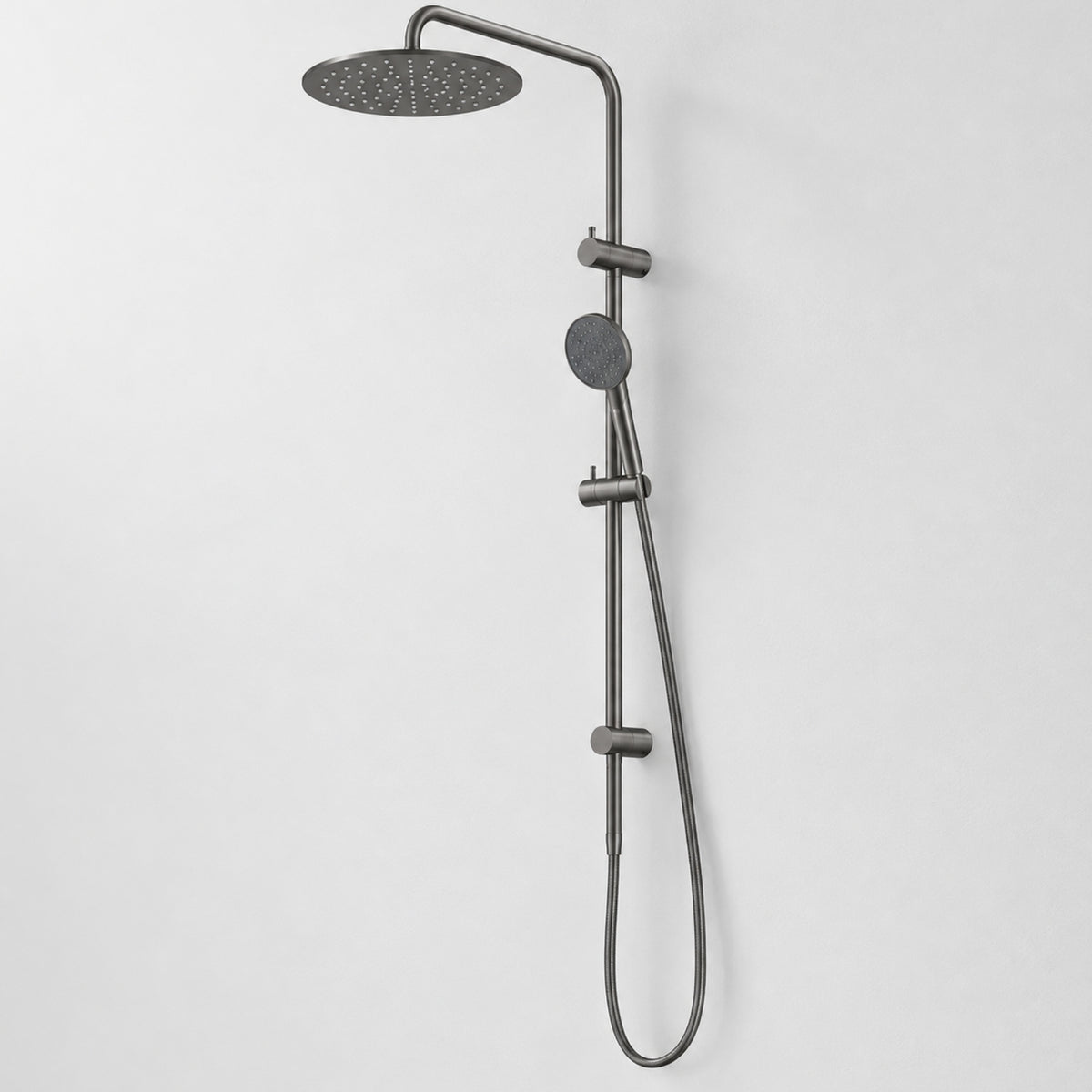 Caroma Urbane II twin rail shower in gunmetal, with round overhead shower, hand shower and wall-mounted rail