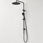 Caroma Urbane II matte black twin rail shower with round overhead drencher and handset on rail