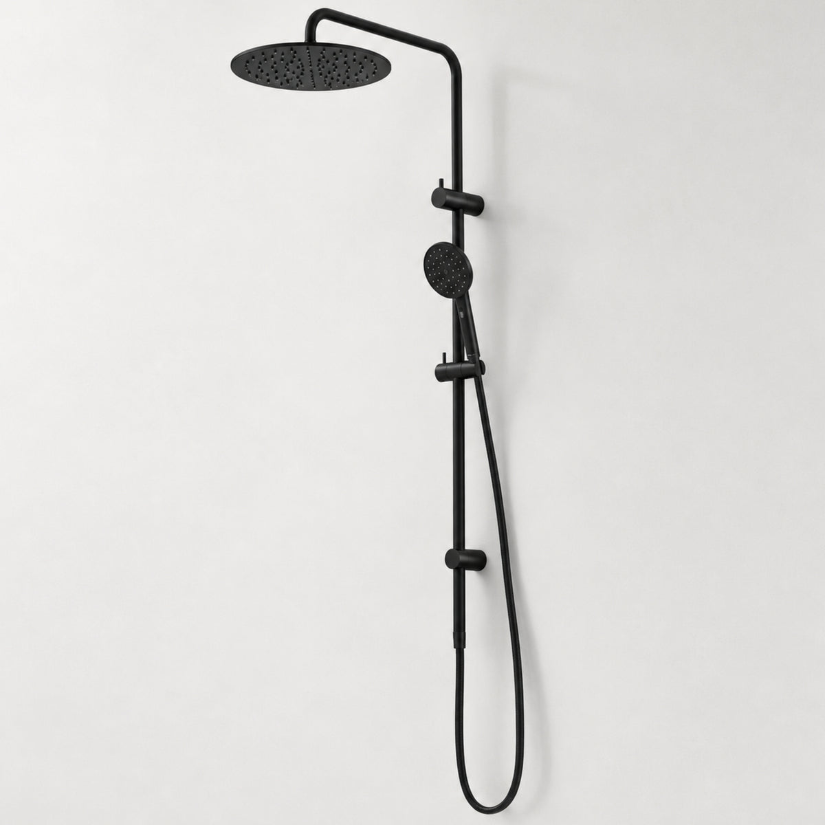 Caroma Urbane II matte black twin rail shower with round overhead drencher and handset on rail