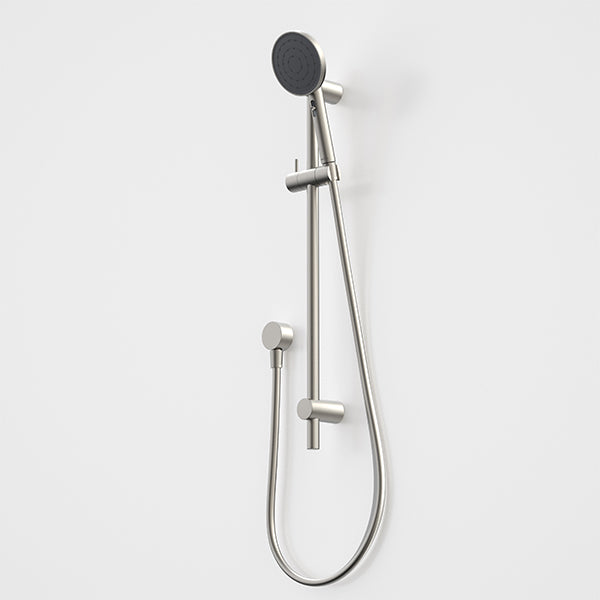 Caroma Urbane II brushed nickel rail shower with round handset, rail slider and hose on white background