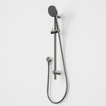 Caroma Urbane II rail shower in gunmetal, with round handpiece, slider rail and hose on a white background