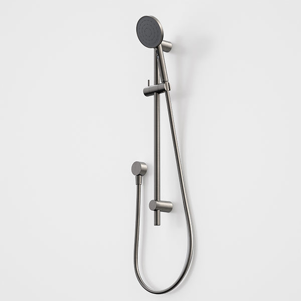 Caroma Urbane II rail shower in gunmetal, with round handpiece, slider rail and hose on a white background