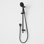 Caroma Urbane II matte black rail shower with round handset and hose on vertical wall rail