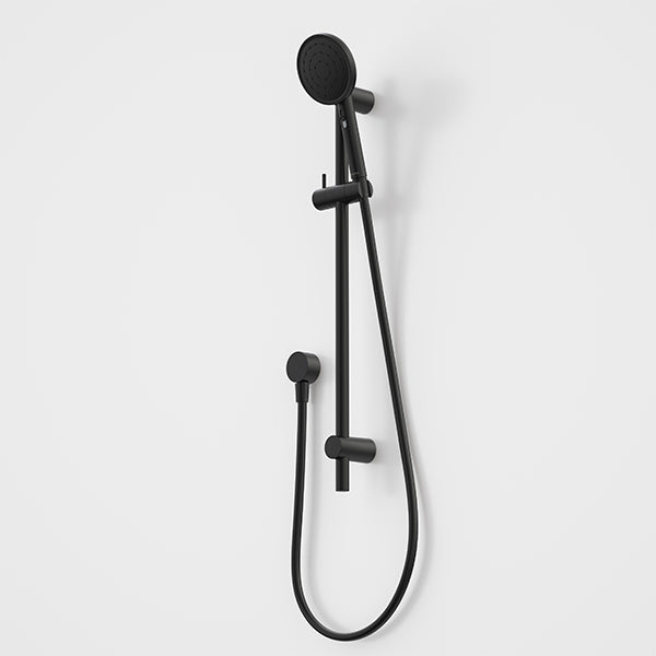 Caroma Urbane II matte black rail shower with round handset and hose on vertical wall rail