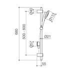 Caroma Urbane II rail shower technical drawing, gunmetal, round handset and adjustable rail with measurements