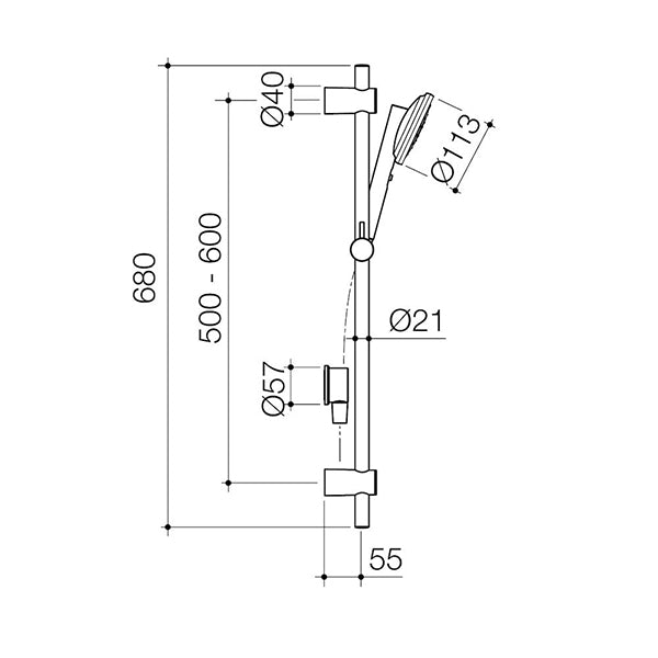 Caroma Urbane II rail shower technical drawing, brushed brass, showing adjustable handset and dimensions, side view outline