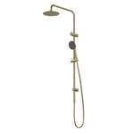 Caroma Urbane II twin rail shower in brushed brass, with 200mm overhead and handheld shower on adjustable wall rail
