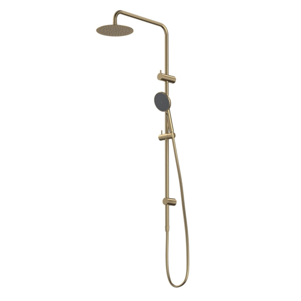 Caroma Urbane II twin rail shower in brushed brass, with 200mm overhead and handheld shower on adjustable wall rail