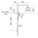 Caroma Urbane II rail shower technical drawing with 200mm overhead, hand shower and top water inlet, brushed brass finish