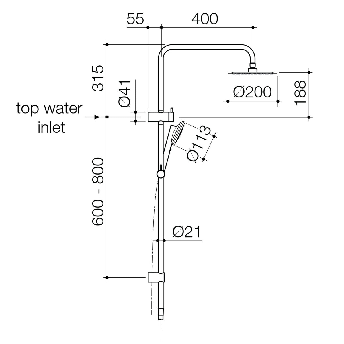 Caroma Urbane II rail shower technical drawing with 200mm overhead, hand shower and top water inlet, brushed brass finish
