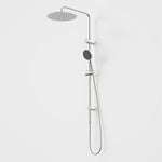 Caroma Urbane II brushed nickel twin rail shower with round overhead, handheld handset and slide rail on white background