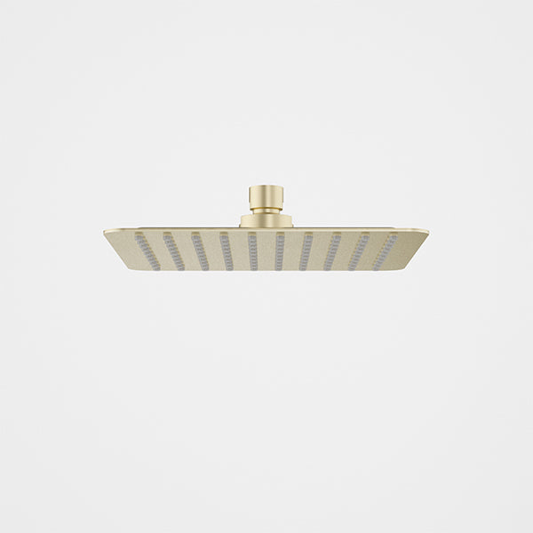 Caroma 200mm square rain shower head in brushed brass, front view on white background