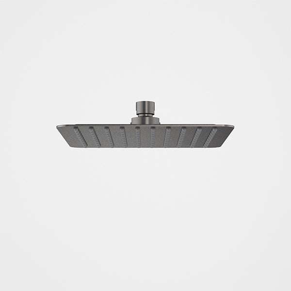 Caroma square rain shower head in gunmetal, shown front-on on a white background
