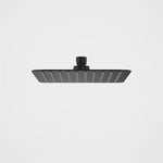 Caroma 200mm square rain shower head in matte black, shown front-on on a white background
